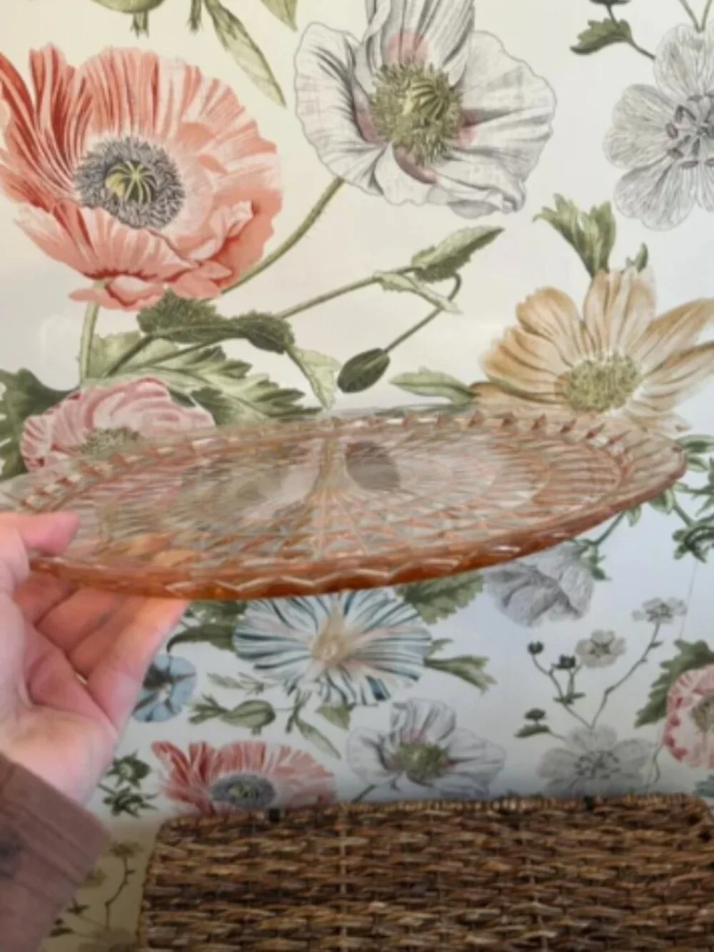 Vintage Blush Pink Pressed Glass Starburst Platter Decorative Round Tray